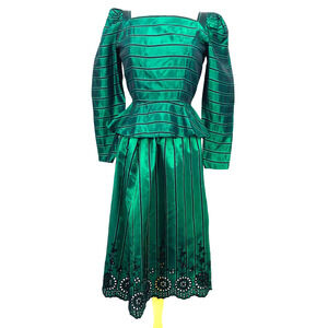 Vintage Partique Skirt Set Womens 8 Green Satin Striped 2 Piece UNION 80s Formal